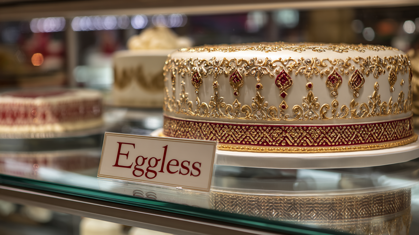 An intricately decorated cake labeled 'Eggless' in a high-end bakery display.