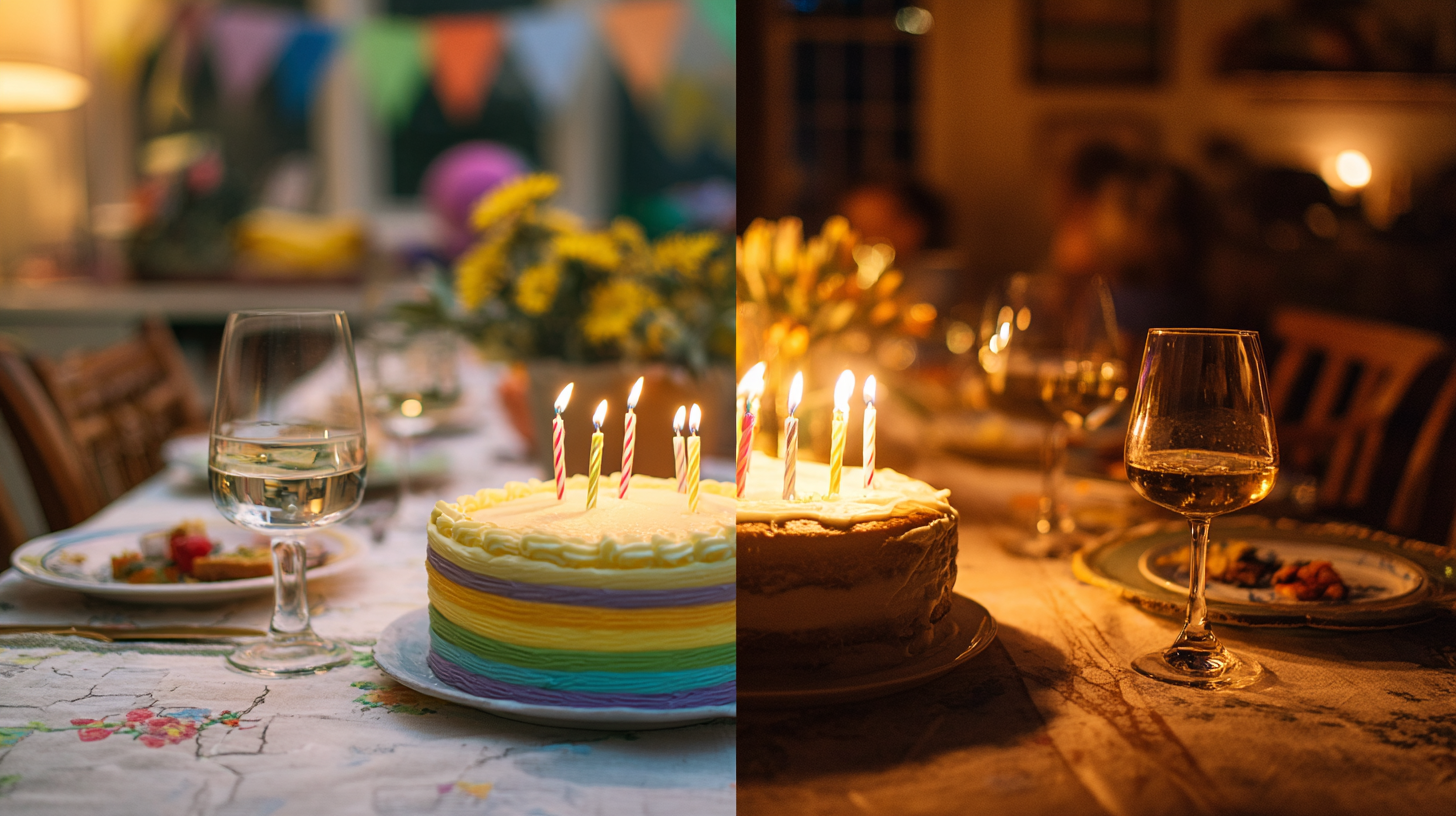 A split-screen comparison showing a bright, colorful children's party at 1:30 PM versus a sophisticated, candlelit adult dinner party at 9:00 PM.