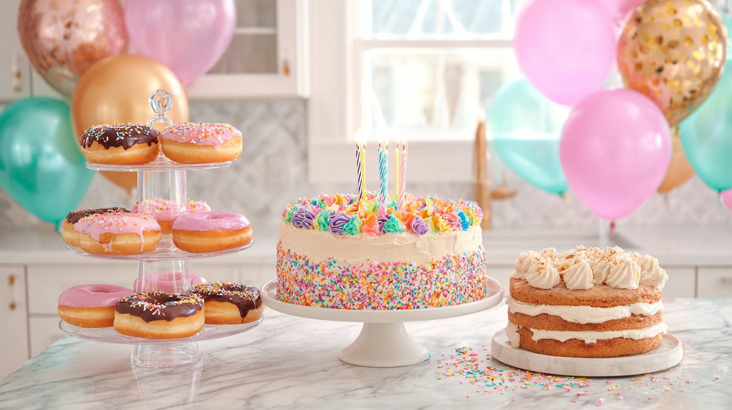 A stunning display of birthday cake alternatives including a decorated cookie cake, colorful donut tower, and ice cream cake arranged on a modern kitchen counter with festive decorations