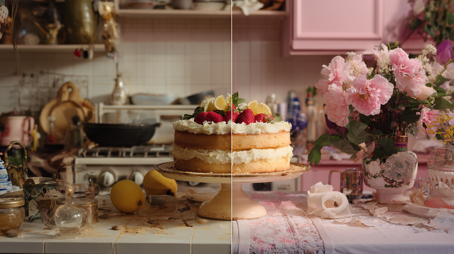 A visual comparison showing a cluttered, poorly styled cake display versus a clean, professionally elevated cake display.