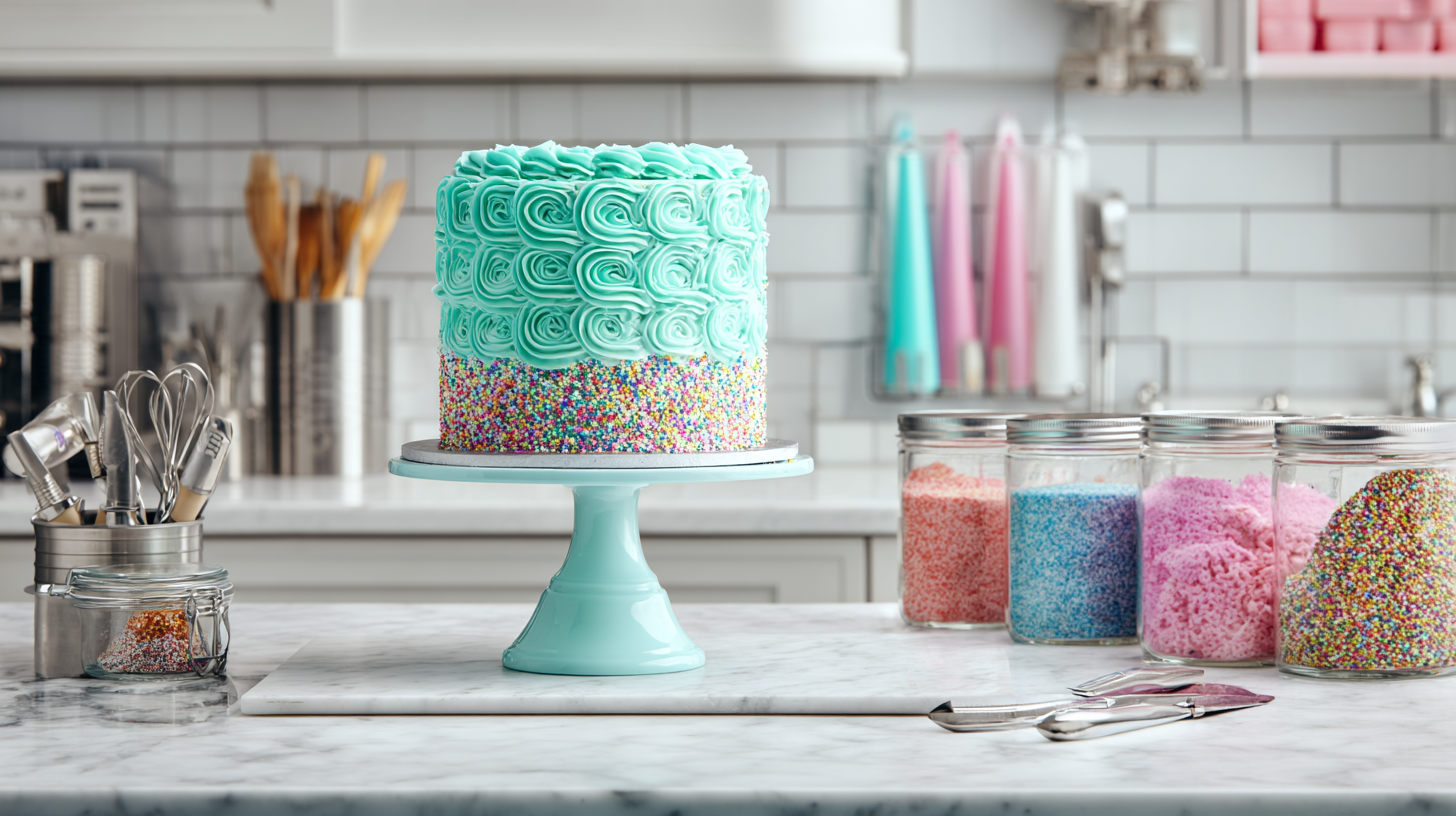 A pristine white kitchen counter with a perfectly frosted teal cake, organized colorful sprinkles, and pink piping bags ready for decoration.