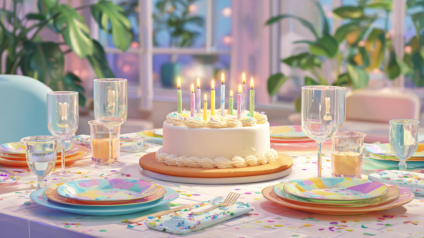 A beautifully set modern dining table featuring a centerpiece birthday cake with lit candles, surrounded by diverse party decorations and dessert plates, representing birthday cake traditions and etiquette.