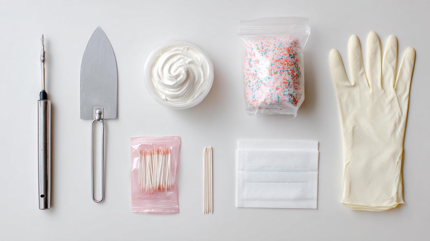 A flat-lay collection of essential cake repair tools including an offset spatula, extra frosting, wipes, and toothpicks.