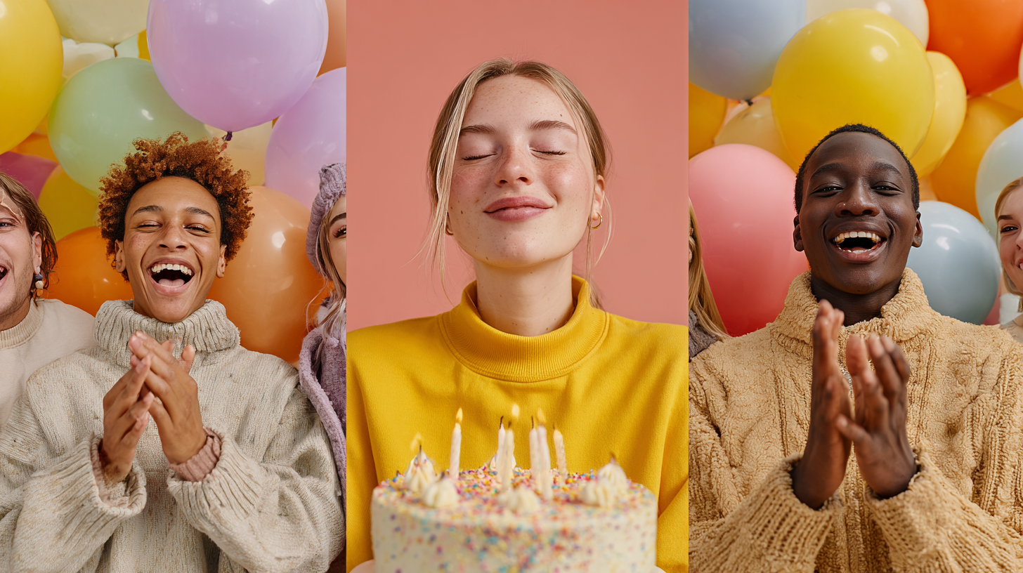 A three-panel photo storyboard showing bright, happy moments: singing, making a wish, and cheering.