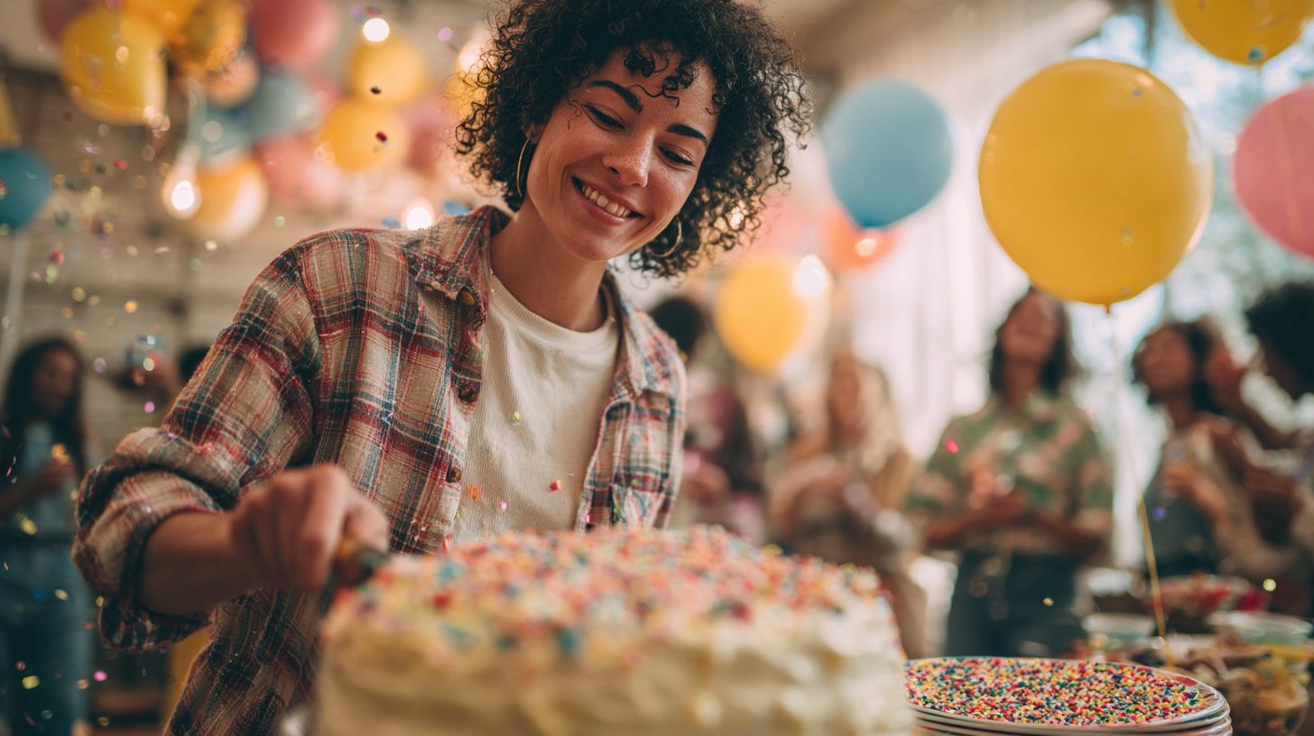 Host slicing a large birthday sheet cake for waiting party guests with plates.
