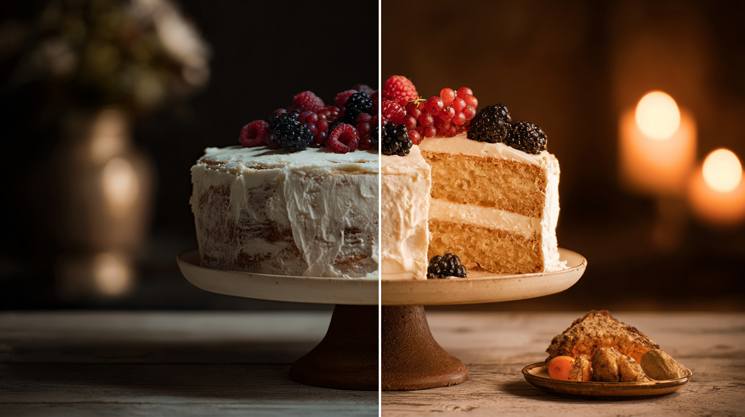 A comparison of a low-quality, grainy photo versus a high-quality, professionally lit photo using ambient light.