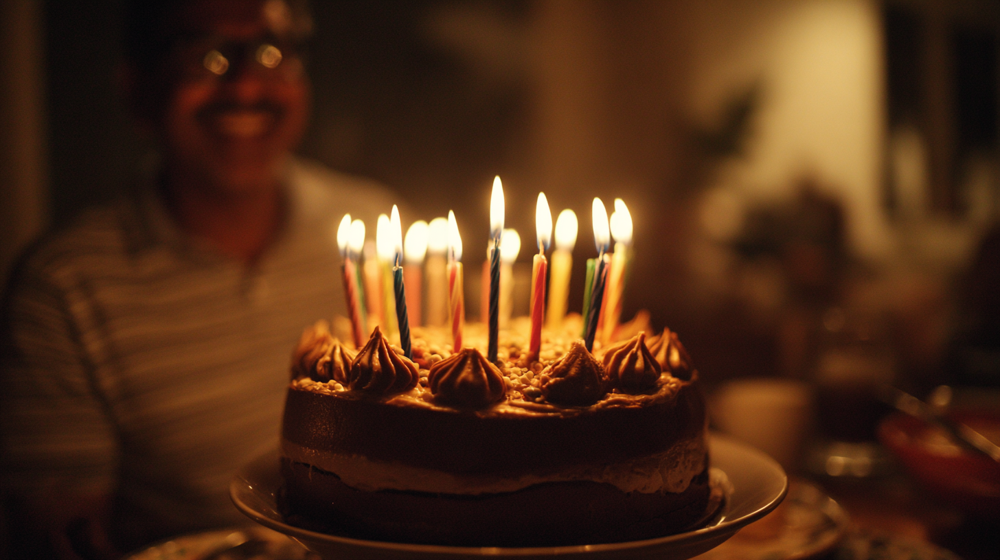 A candid, emotional shot of a birthday cake with lit candles being presented to a happy person, their face illuminated by the warm flame.