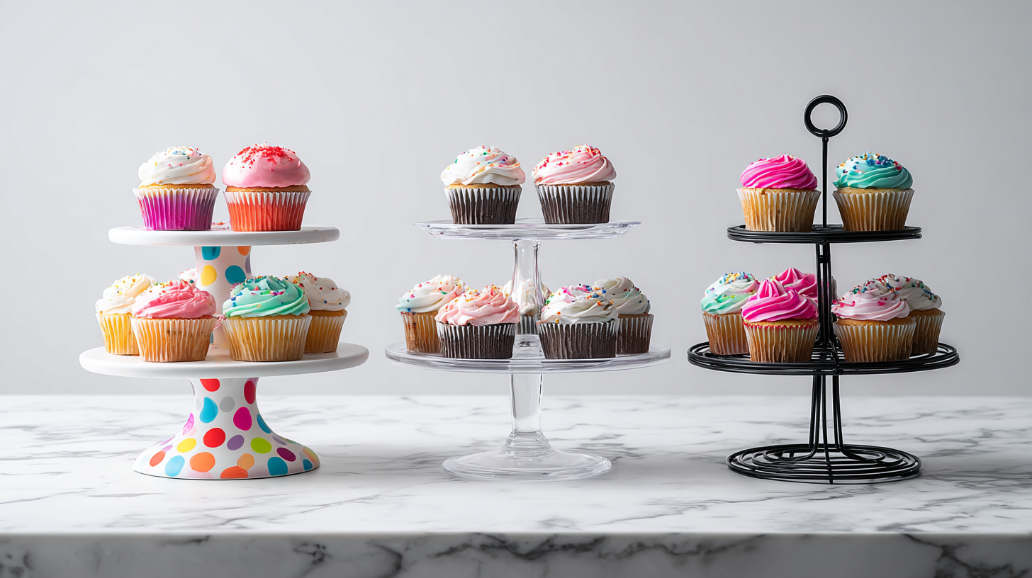 Three cupcake stands arranged side-by-side: a patterned cardboard stand, a clear acrylic tiered stand, and a black wire metal stand.