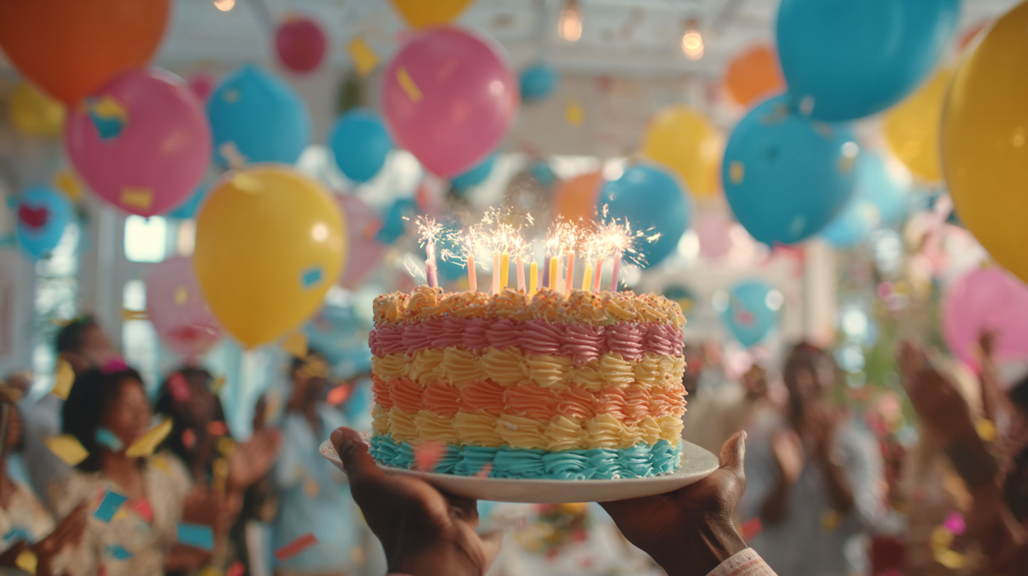 First-person view of hands carrying a colorful birthday cake into a bright, sun-lit party room with cheering guests and balloons.