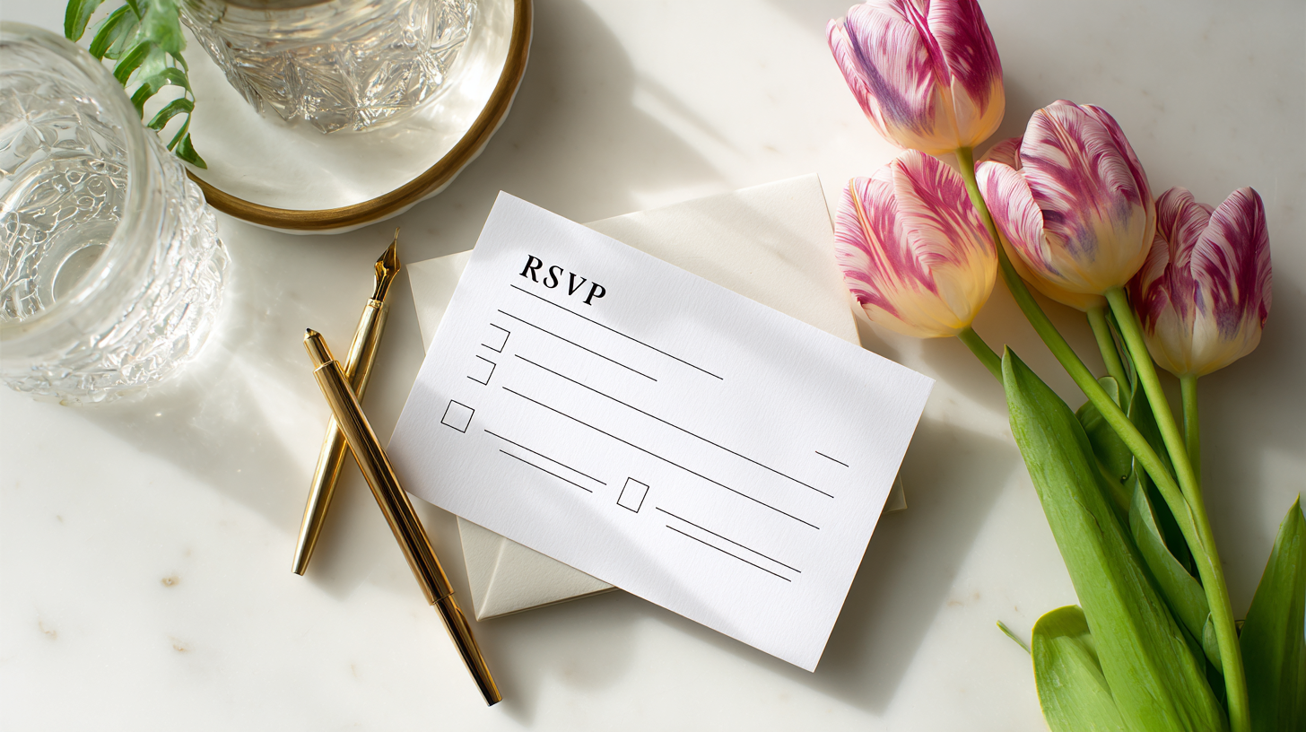 A close-up of a party RSVP card and a pen, representing the importance of communicating dietary needs before an event.