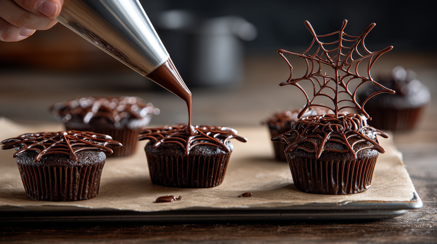 Piping chocolate spiderwebs onto chocolate cupcakes.