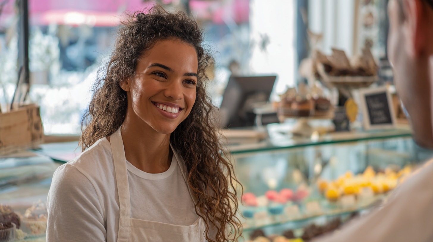A professional baker consulting with a customer in a bakery, discussing safe options for a dietary cake order.