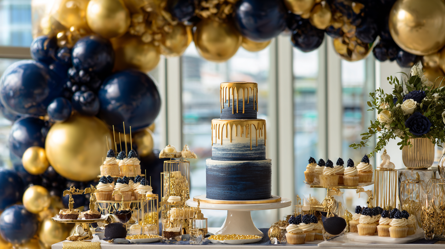 Perfectly matched birthday party dessert table with coordinated blue and gold cake, cupcakes, and party decorations.