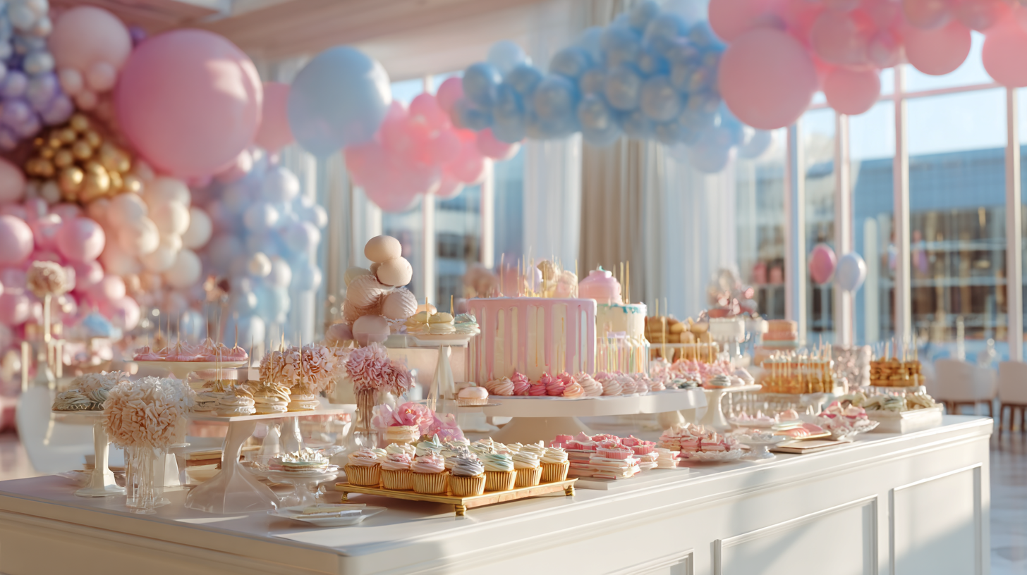 Professional birthday party dessert table with cupcake display and party decorations.