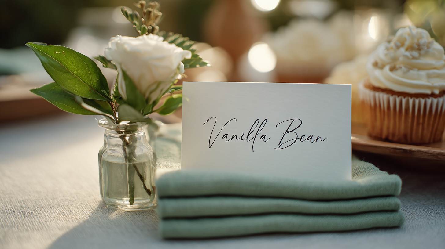 Close-up of a handwritten vanilla flavor card, linen napkins, and greenery next to a frosted cupcake.