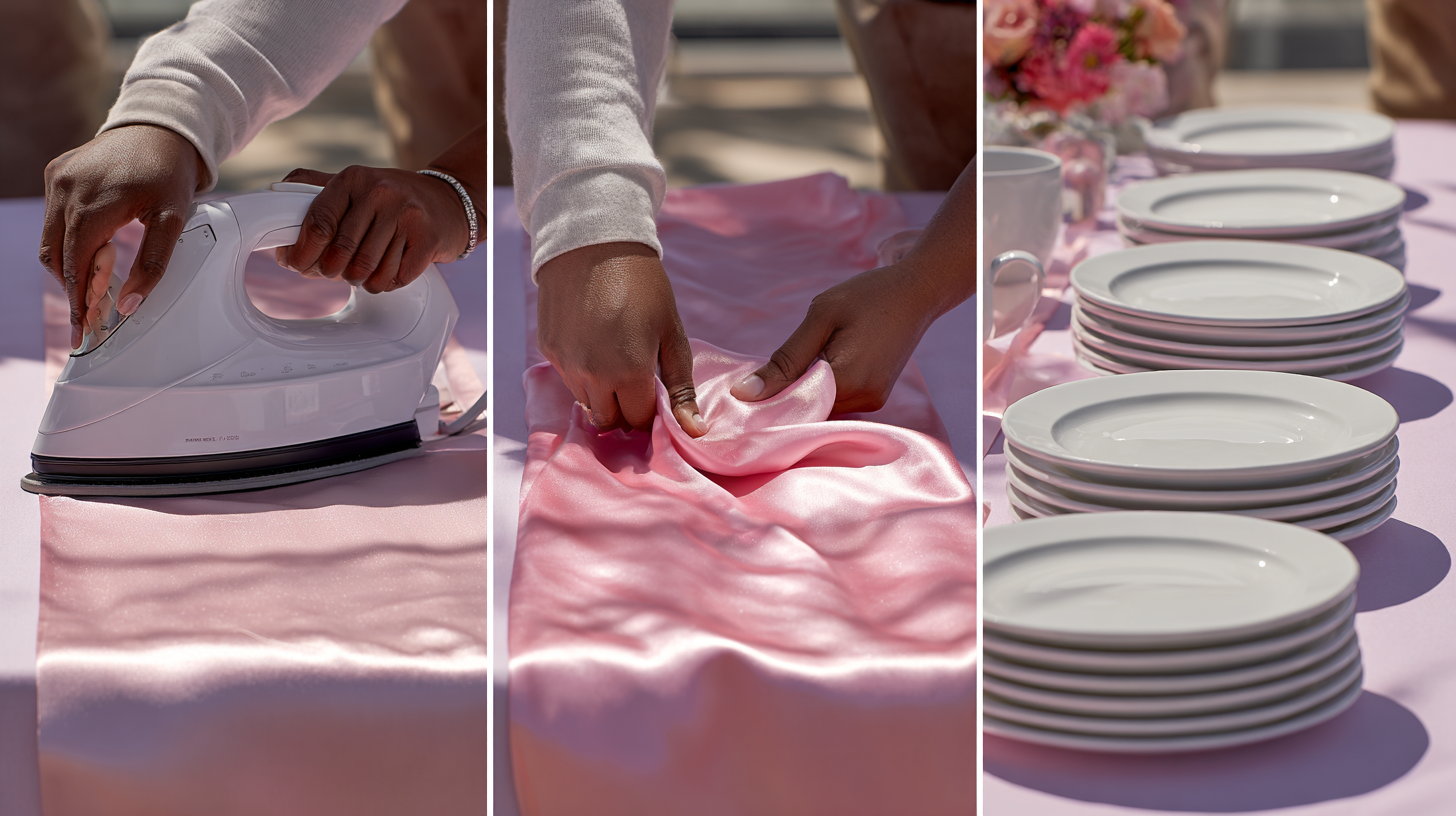 A three-panel collage showing a table being prepared: ironing a tablecloth, placing a runner, and arranging empty cake stands.