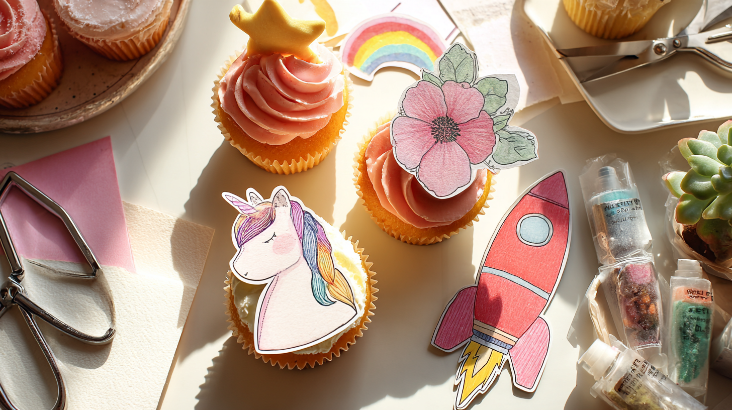 Crafting table with supplies and finished cupcakes featuring cartoon unicorn and rocket ship toppers.