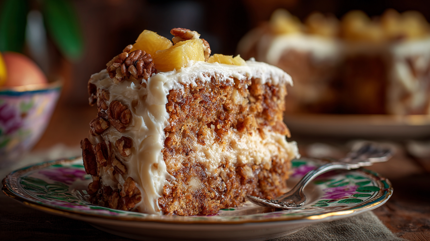 An elegant slice of Hummingbird cake with piped frosting and gold leaf garnish.
