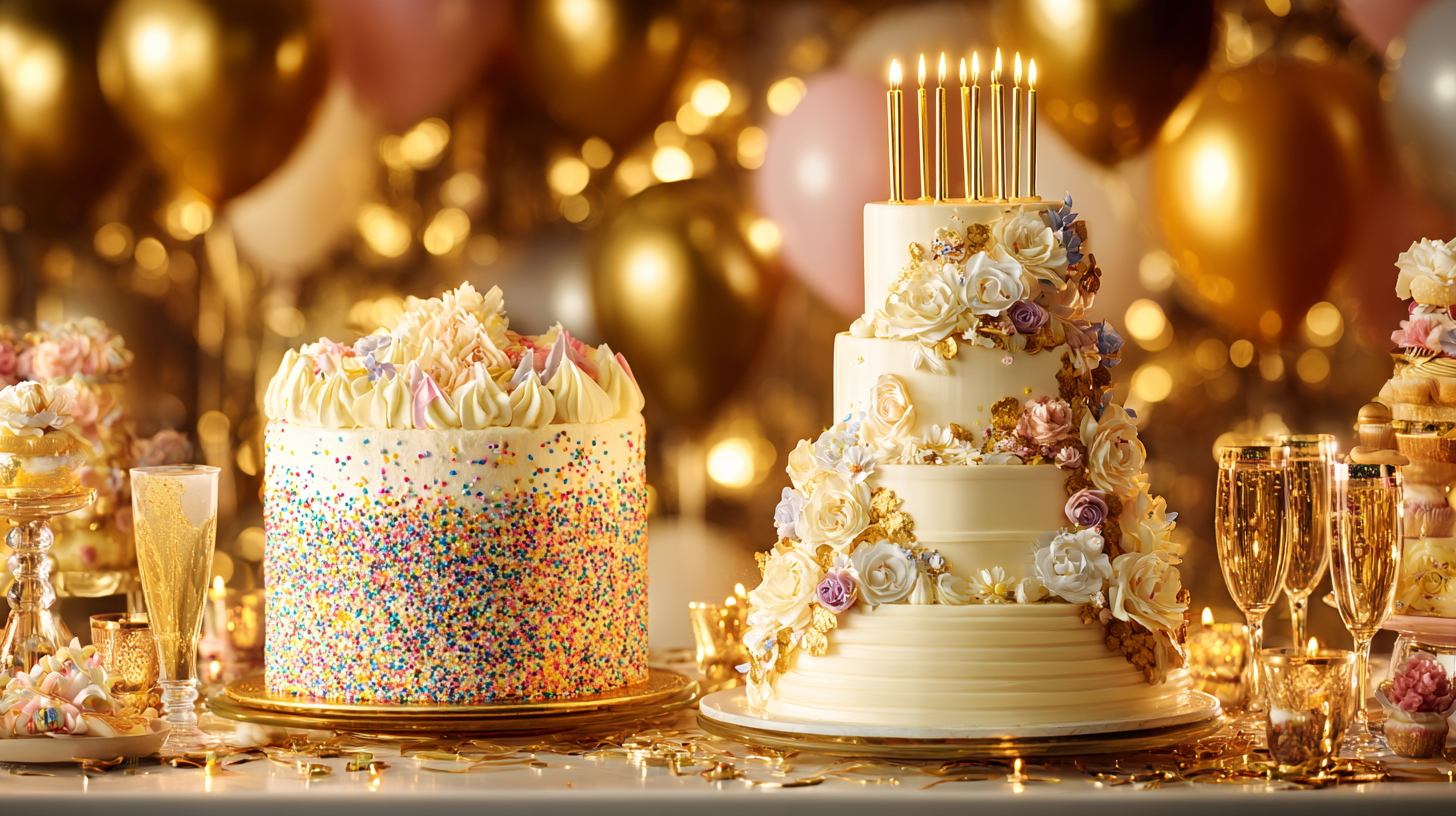 A festive header image showing a delicious homemade cake with sprinkles next to an elegant tiered bakery cake on a decorated party table.