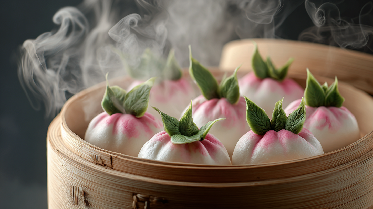 A high-end presentation of steamed longevity peach buns on a ceramic platter. 