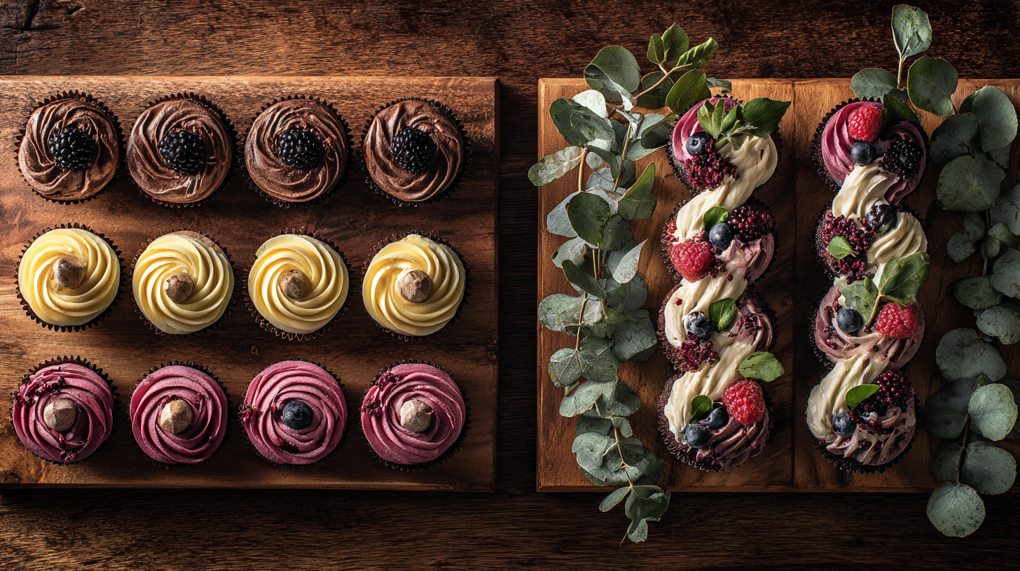 Top-down view of two serving platters, one with cupcakes in a grid pattern and one with cupcakes in a curved organic arrangement.