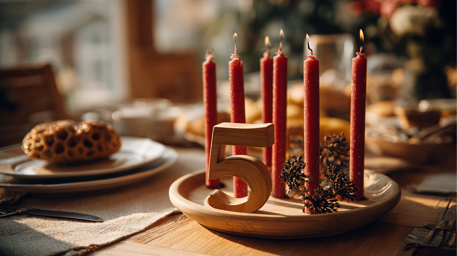 A modern, minimalist wooden birthday ring with red candles on a clean white table.