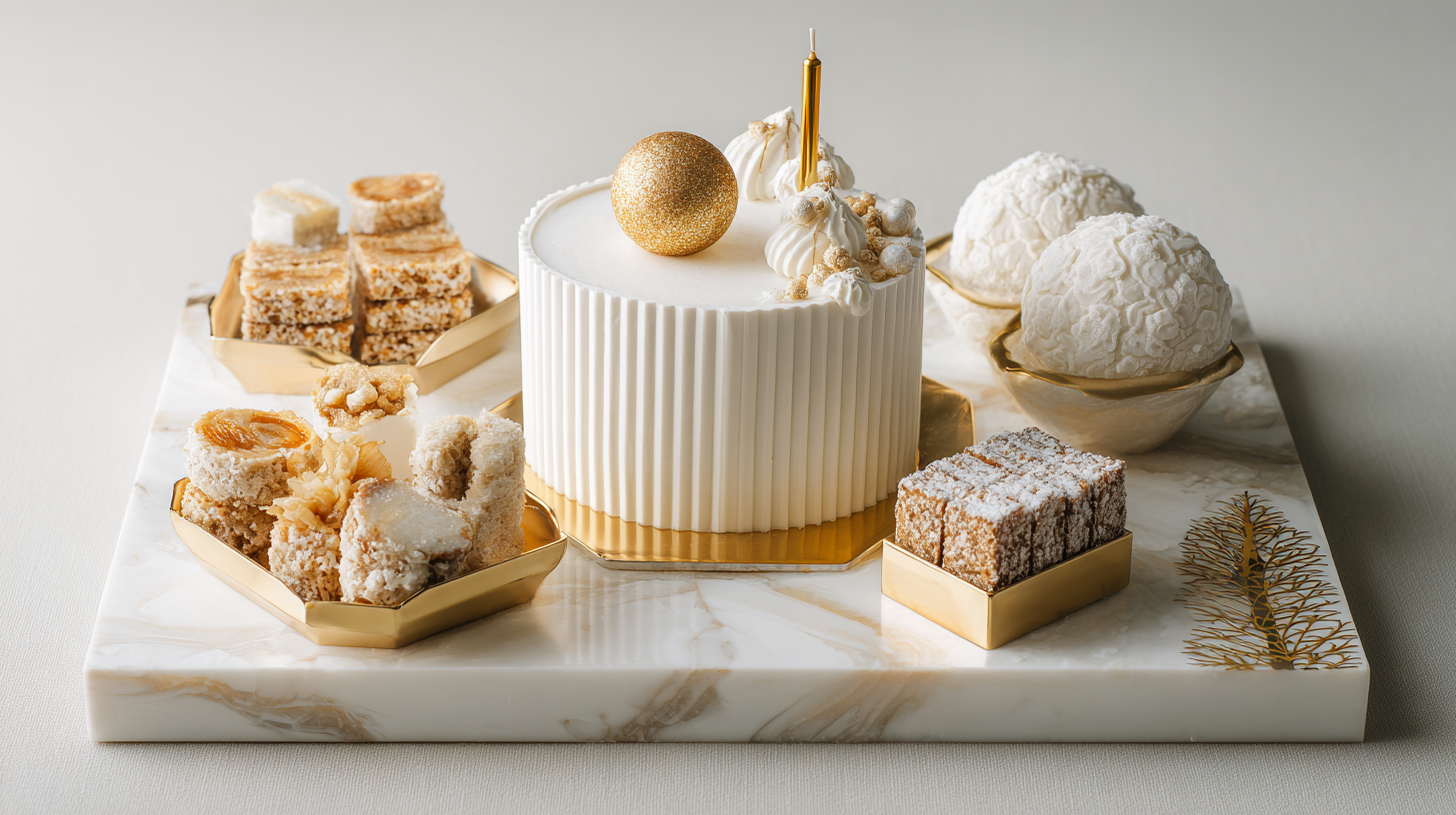 High-end overhead shot of a white birthday cake surrounded by styled international treats on marble.