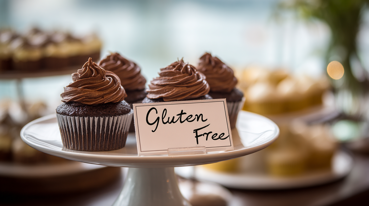 Separate dessert plate with gluten-free cupcakes labeled with a small sign to prevent cross-contamination.
