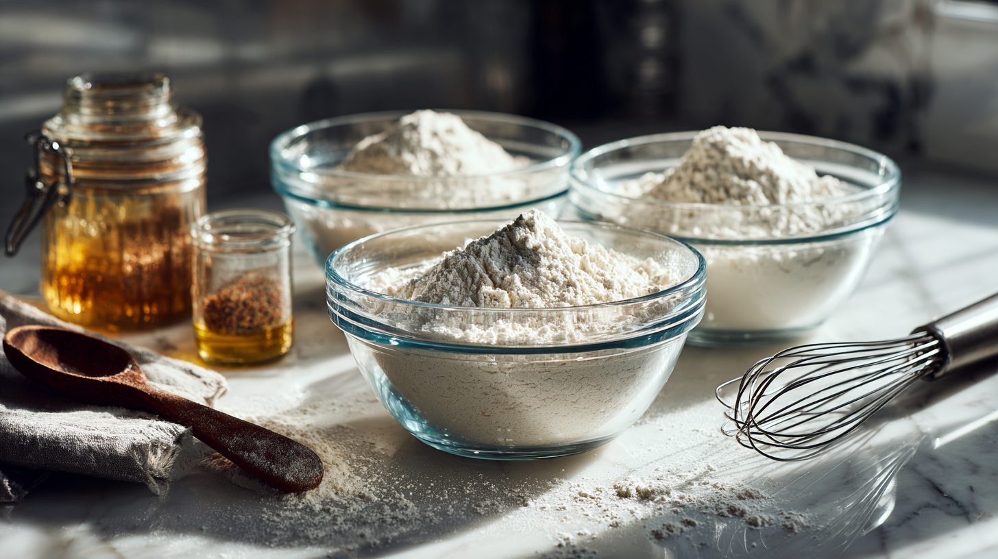 Glass bowls filled with various gluten-free flours and starches arranged on a marble counter for baking.