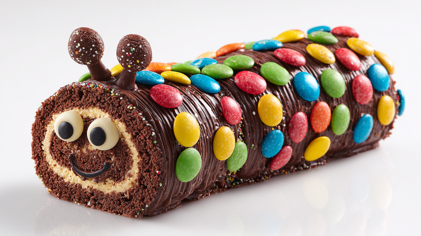 A premium chocolate caterpillar cake with a glossy finish and gourmet candy details.