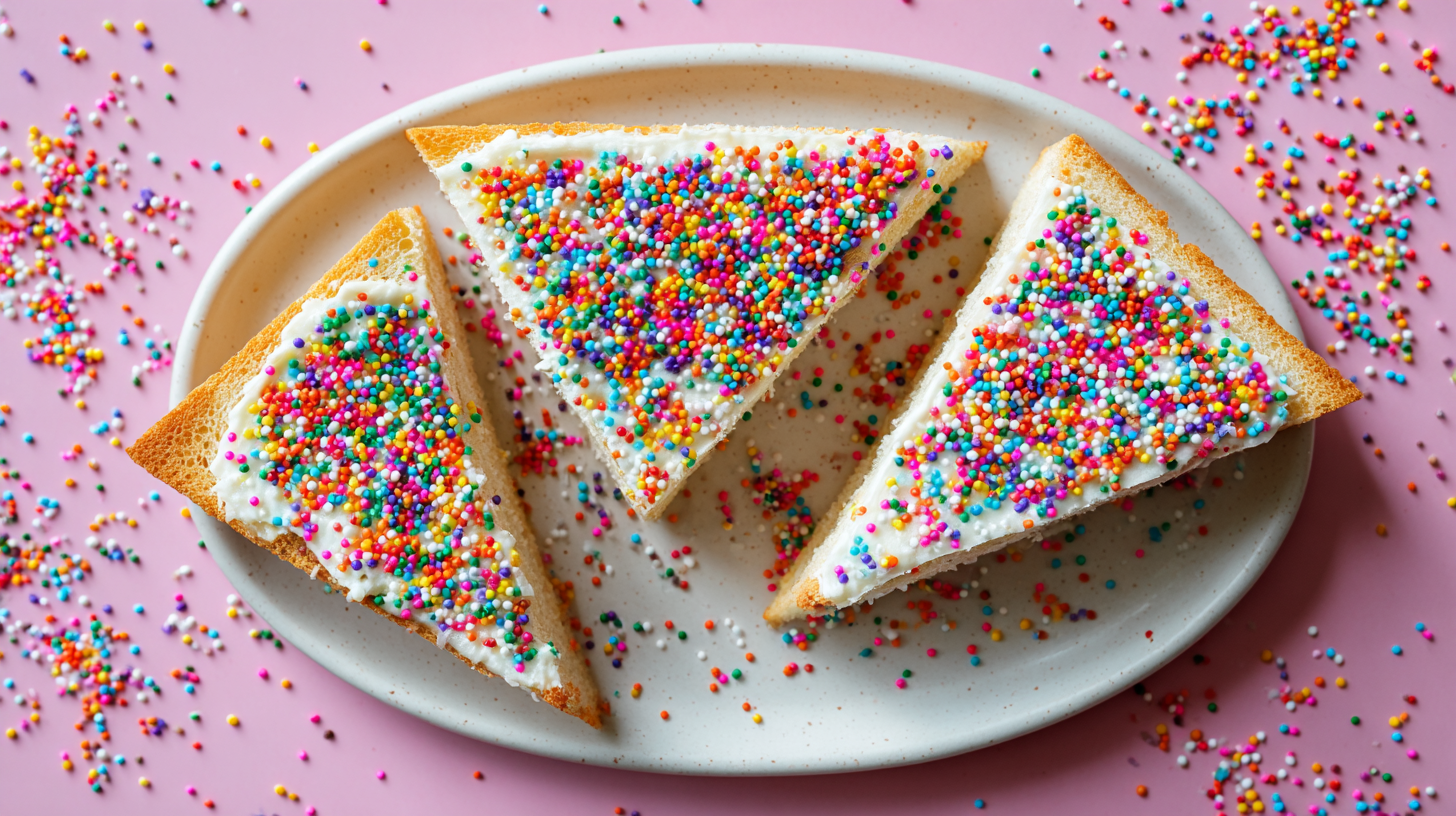 Precise triangles of Fairy Bread with dense sprinkles arranged on a marble board.