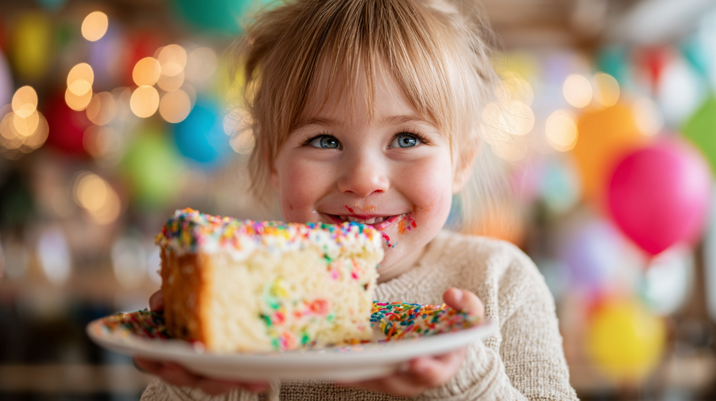 A smiling child holding a plate of delicious vanilla birthday cake at a party, symbolizing inclusion and safety.