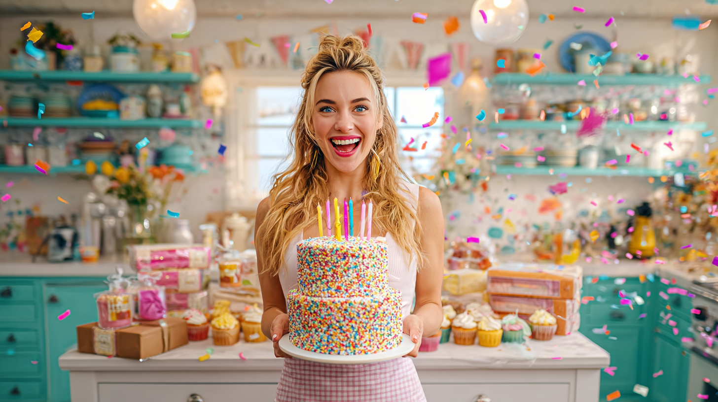 A happy home baker holding a finished birthday cake in a festive kitchen, surrounded by boxed cupcakes ready for sale.