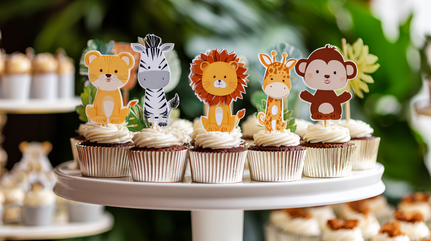 A tiered cupcake stand filled with cupcakes featuring cartoon lion, zebra, and monkey toppers.