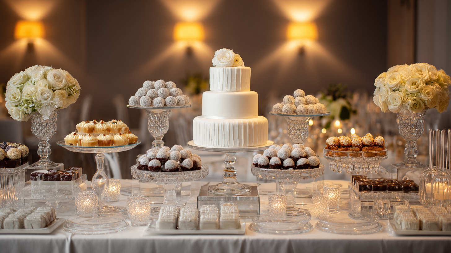 A luxury event dessert table featuring styled platters of global sweets and a centerpiece cake.