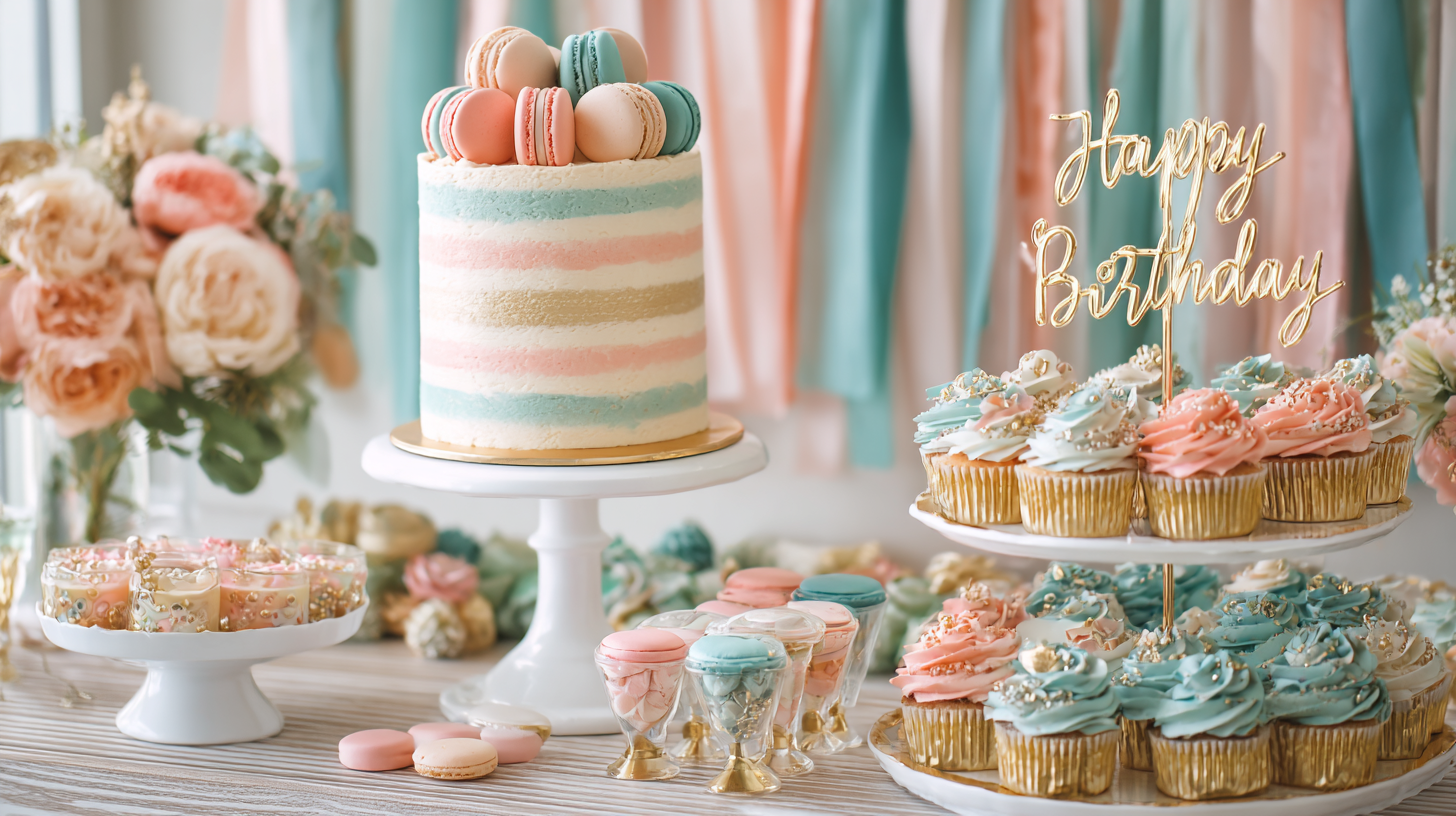 A beautifully styled dessert table featuring a main birthday cake and matching cupcakes, ensuring everyone has a safe treat that looks identical.