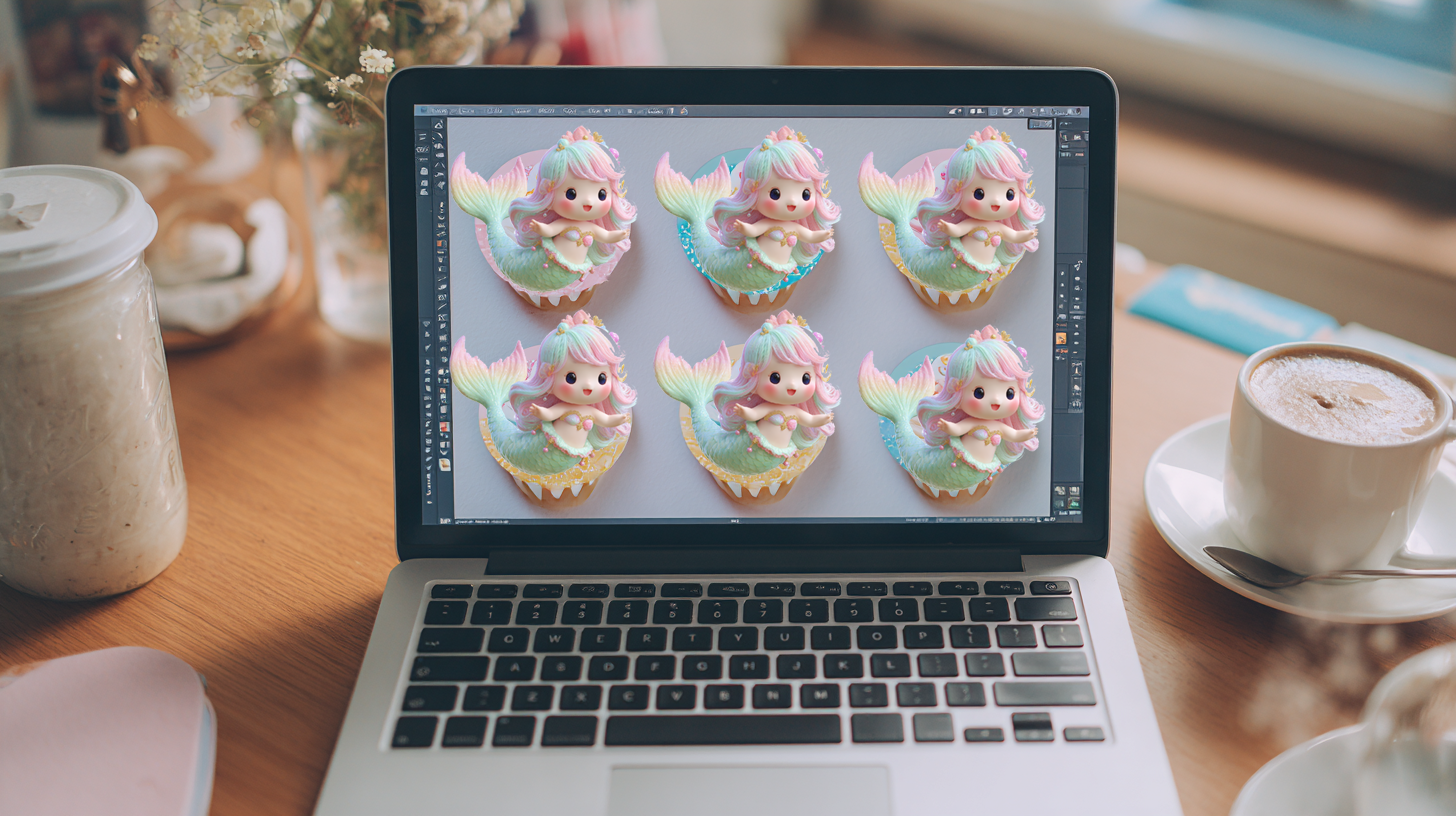 Laptop screen showing a grid of cartoon mermaid cupcake toppers in a design editor.