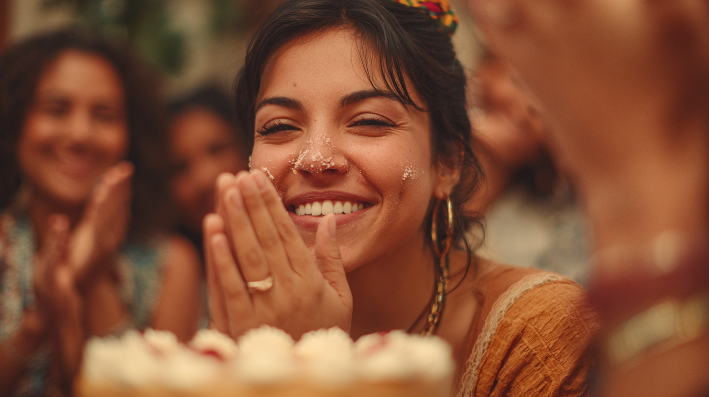 A stylish editorial photo of a laughing person with a touch of frosting, capturing the joy of La Mordida.