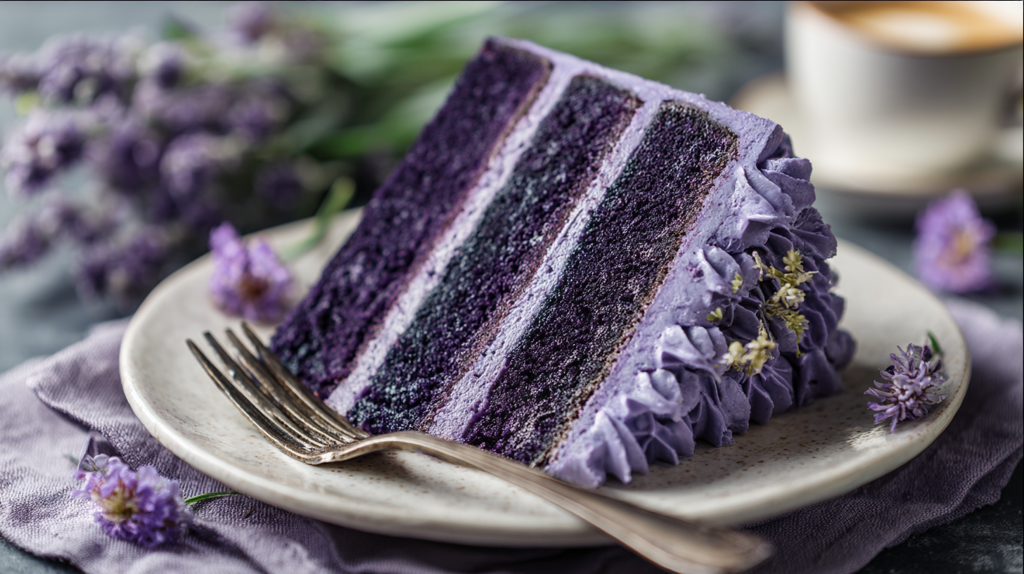A perfectly cut slice of purple Ube cake with sharp layers on a modern plate.