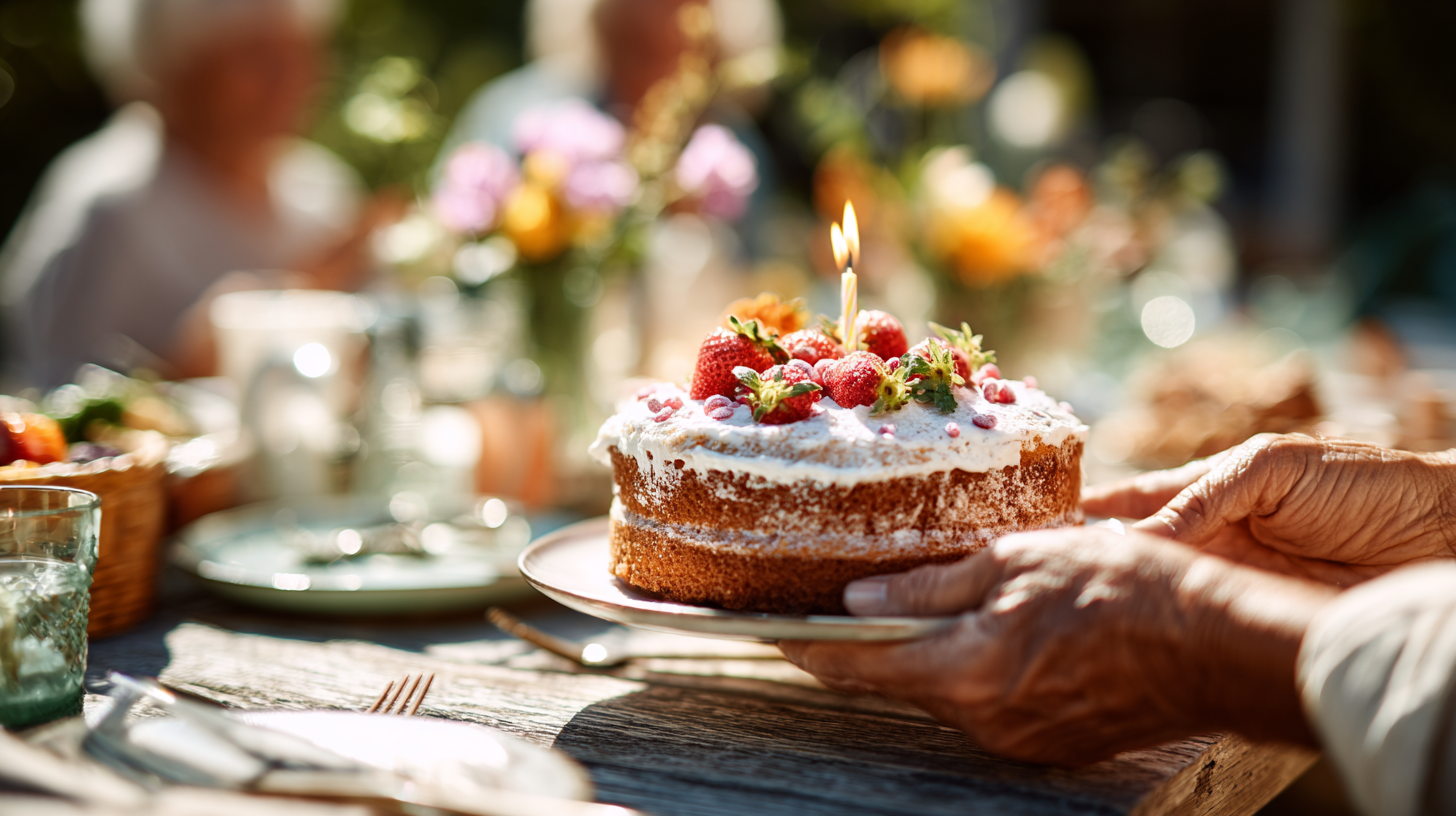 A bright, sun-drenched close-up of hands protecting a candle flame at an outdoor garden party.