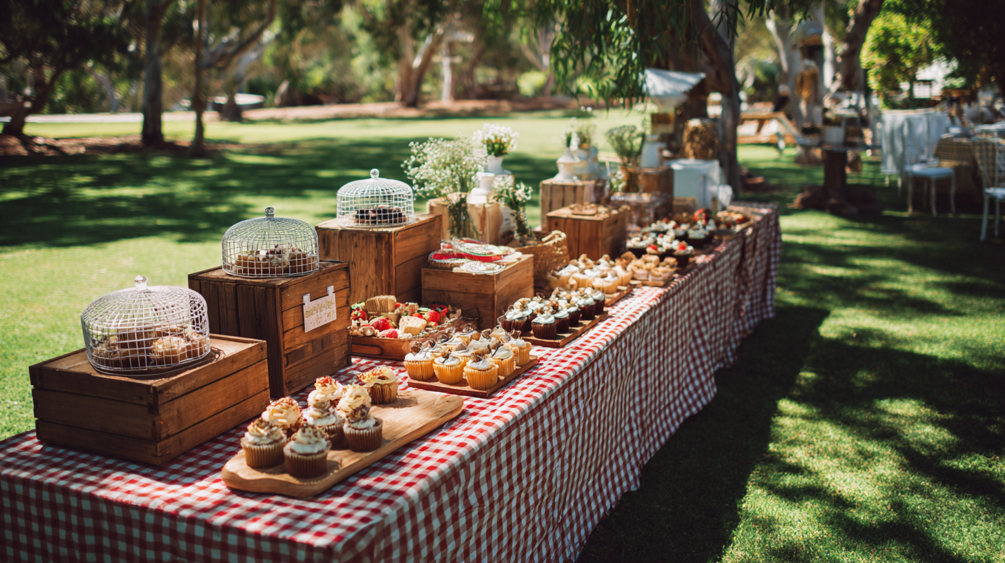 A rustic outdoor dessert table in a park using wooden crates as risers and mesh food covers over the cupcakes.