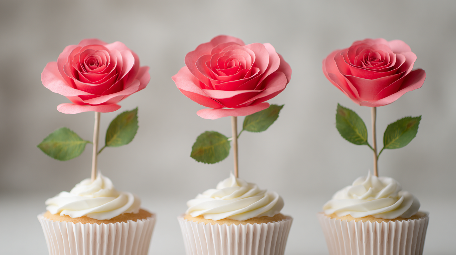 Side view of rose flower toppers showing curling thin paper versus rigid heavy cardstock.