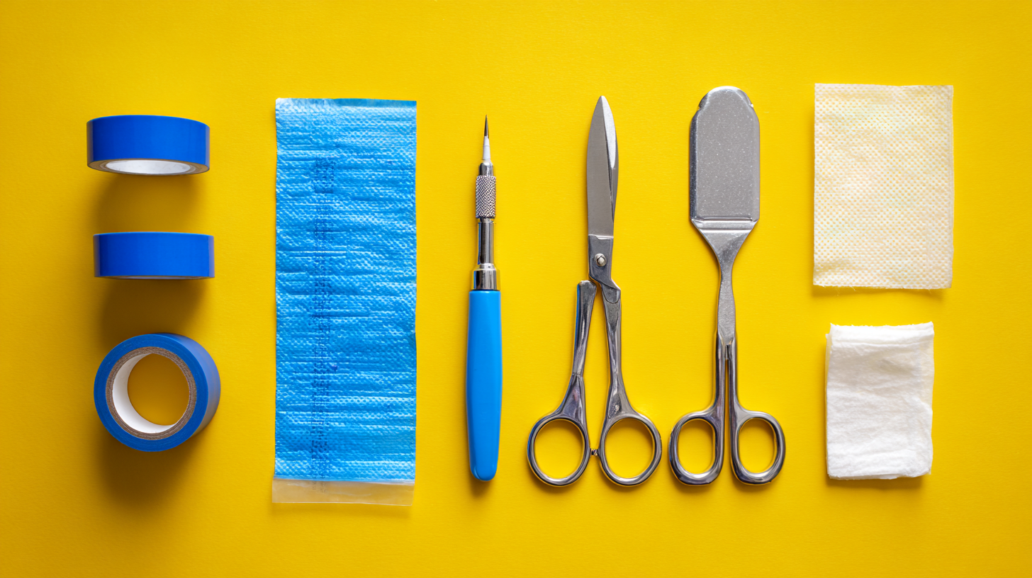 A flat-lay arrangement of party emergency tools including tape, scissors, a screwdriver, and extra frosting.