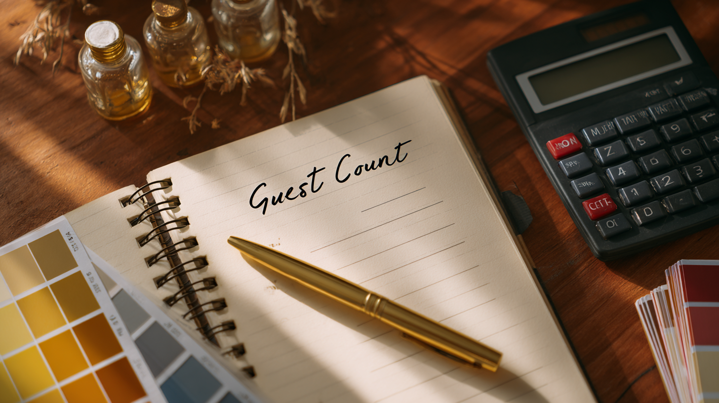 Party planner's notebook with a handwritten guest list and calculator for estimating cake servings.