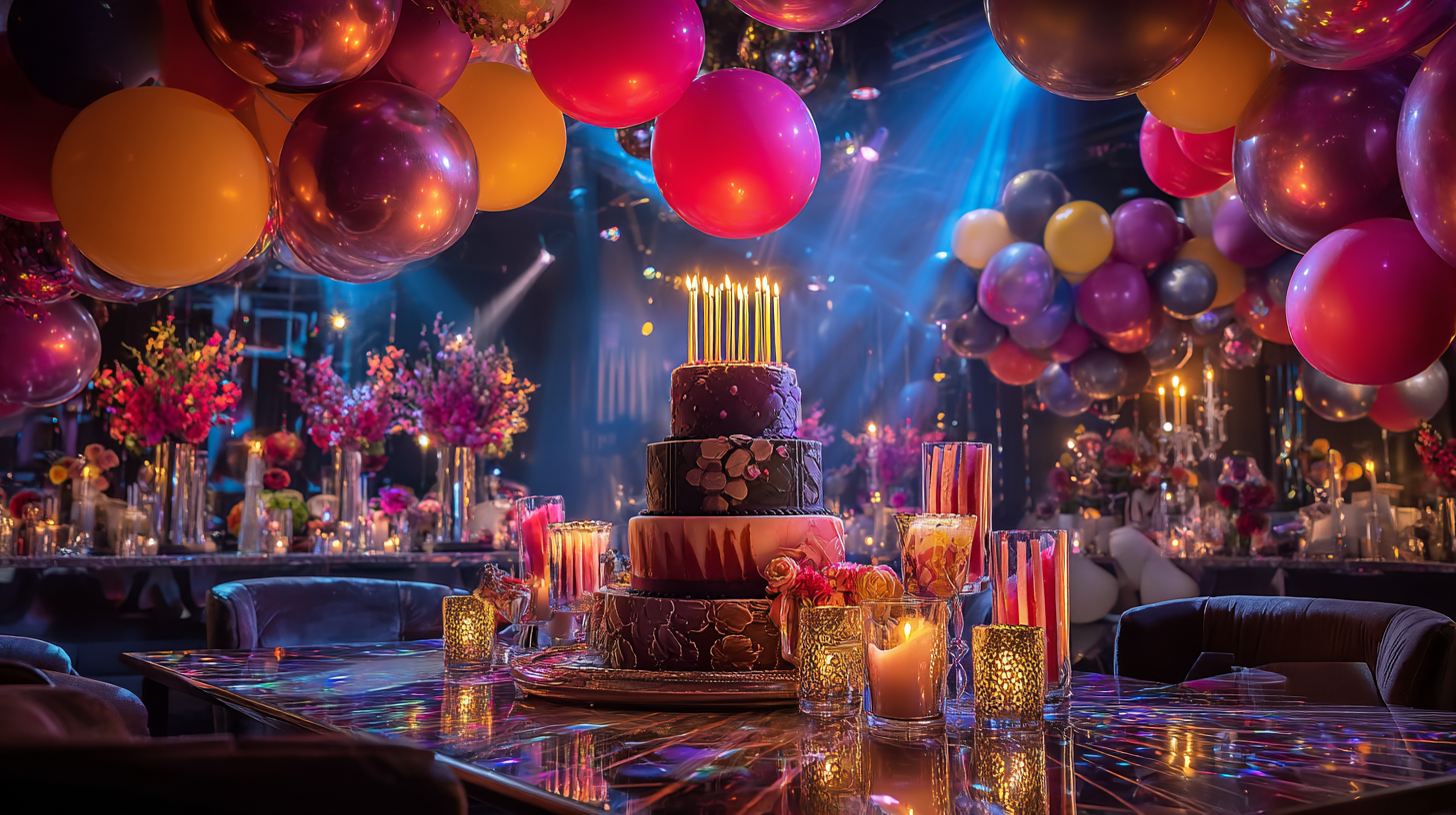 A professionally lit two-tier birthday cake with glowing candles on a stand, set against a backdrop of soft party lights and festive decor.