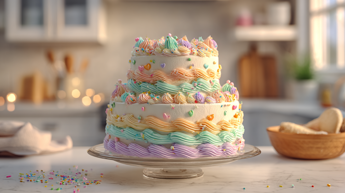 A magnificent three-tier birthday cake with pastel frosting displayed on a glass stand in a sunlit kitchen.