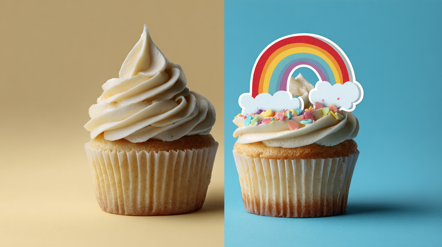 Split screen showing a plain cupcake versus one with a printed cartoon rainbow topper.