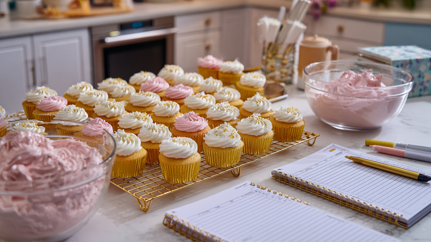 An organized kitchen counter filled with trays of freshly baked cupcakes, frosting bowls, and a planning notebook.