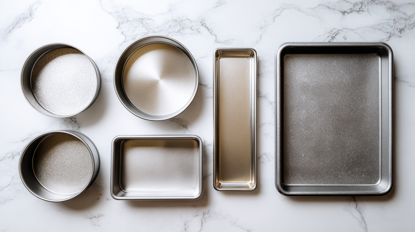 Top-down comparison of 6-inch, 8-inch, and 10-inch round cakes next to a quarter sheet cake pan.