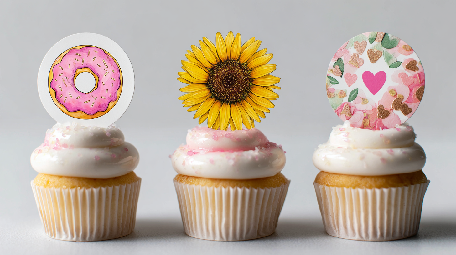 Comparison of a printed donut topper, a die-cut flower topper, and a sequin shaker topper.